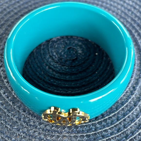 Rare Luxe Authentic ROBERTO CAVALLI Teal Blue Gold Logo Wide Bangle Bracelet - Picture 3 of 6